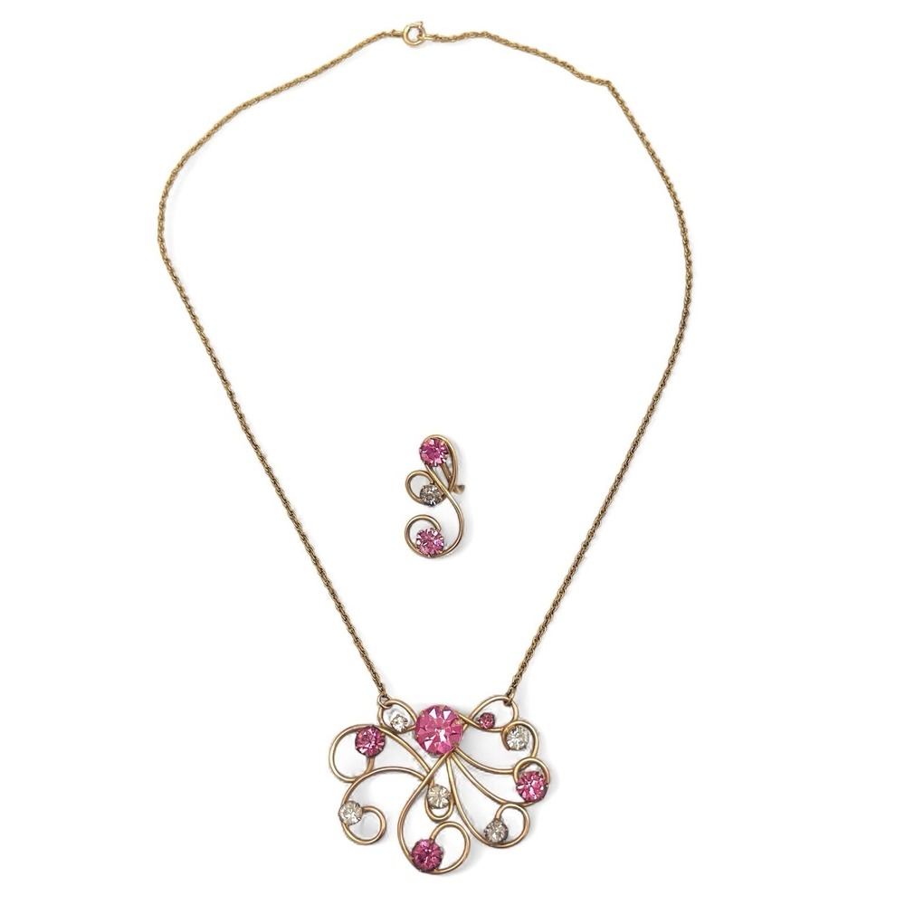 Vintage L.B CO Gold Wire Pendant Necklace Pink Crystal 1/20 12K GF Filigree - Picture 2 of 9